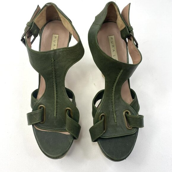 Pura Lopez Shoes Womens Size 38 US 8 Wooden Block Heel Clog Green Leather - Picture 3 of 9